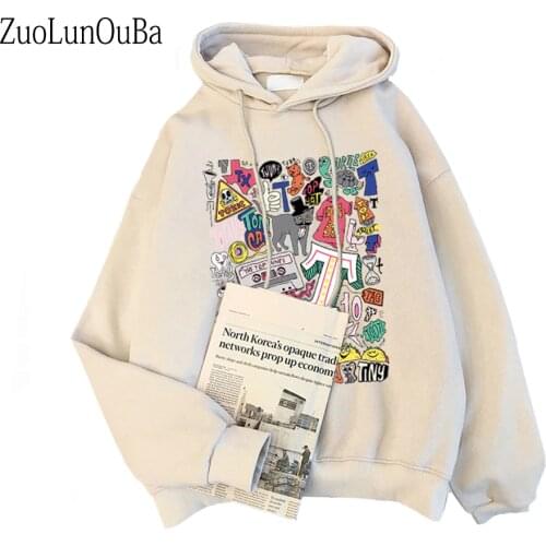 Winter Plus Velvet Women Clothing Long Sleeved Print Messy Comics Harajuku Women Hoodies Sweatshirt Fashion Pocket Lady Pullover