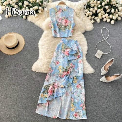 2021 summer new female stand flower print chiffon vest + high waist ruffles irregular skirt two-piece sets women sheath suits