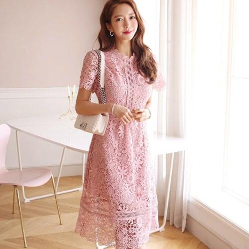 Summer Lace Dress Women Hollow Out Korean O-Neck Long Midi Dress Knee-Length Short Sleeve Floral Embroidery Party Dress A702