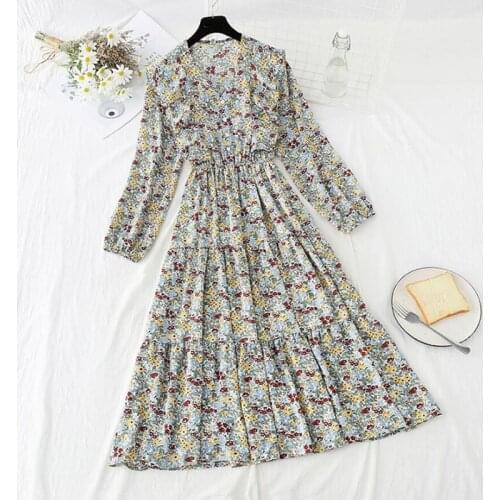 2021 New Spring V Neck Floral Print Ruffle Chiffon Dress Button Long Sleeve Elastic Waist Elegant Women Mid-calf Dress