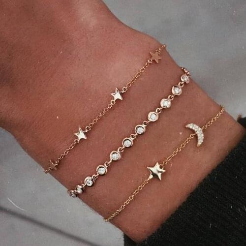 3 Pcs/Set Fashion Star Moon Geometric Crystal Gold Bracelet Women Simple Party Wedding Jewelry Accessories Beach Bangle