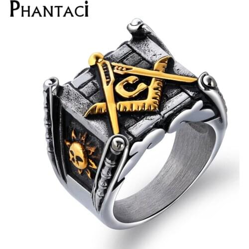 Big Vintage Black Titanium Stainless Steel Men Rings Hip Hop Free Mason Punk Retro Silver Color Rock Male Ring COOL Jewelry