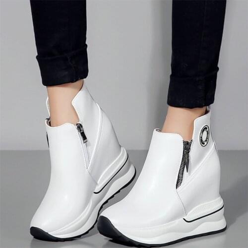 Fashion Sneakers Women Genuine Leather Wedges High Heel Ankle Boots Female High Top Round Toe Platform Pumps Shoes Casual Shoes