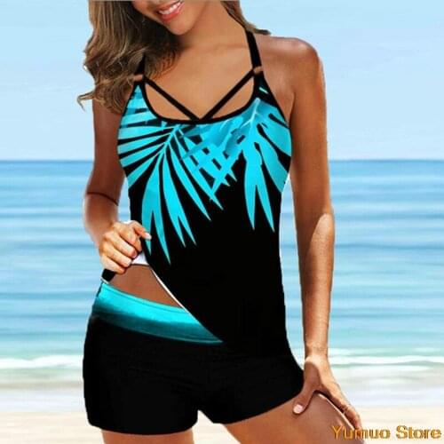 Women Leaf Printed Swimsuit Vintage Sexy Backless Tankini Set Female Summer Beach Two Pieces Swimwear Bathing Suit Plus Size 8XL