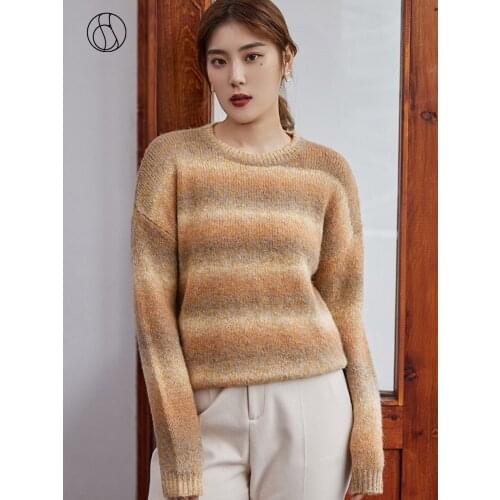 DUSHU Plus size vintage striped knitted pullover Women gradient colour oversized sweater Mohair casaul jumper loose female top