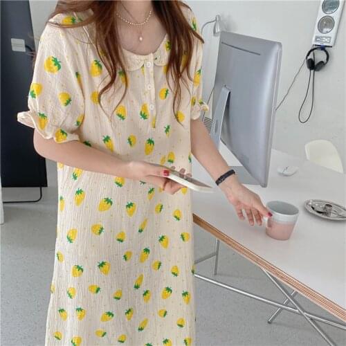 Kawaii Strawberry Summer Nightgown Women Korean Casual Cotton Long Sleepwear Ins Short Sleeve Loose Homewear Buttons O-Neck