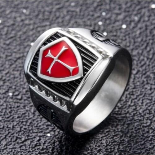 Classic Punk High Quality Metal Red Shield Knight Cross Mens Ring