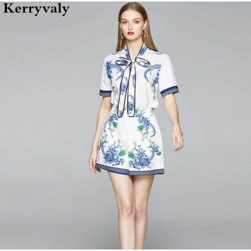 Foreign Style Two Piece Set Top and Pants 2021 Summer Bow Blue Shirt + High Waist Shorts Two-Piece Set K5544