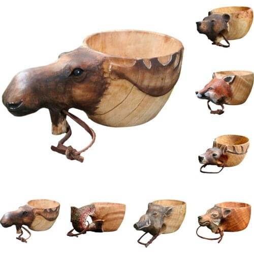 Creative Kuksa Rubber Wooden Water Cup Hand Carved Animal Head Cup Handmade Artwork Mug For Outdoor Camping Home Use