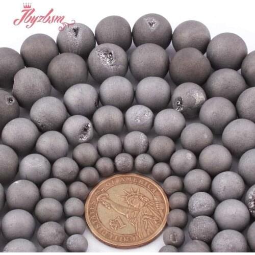 Round Gray Geode Agates Druzy Agates Natural Stone Loose Beads 15" for DIY Accessories Women Men Jewerly Making 8.10.12.14mm