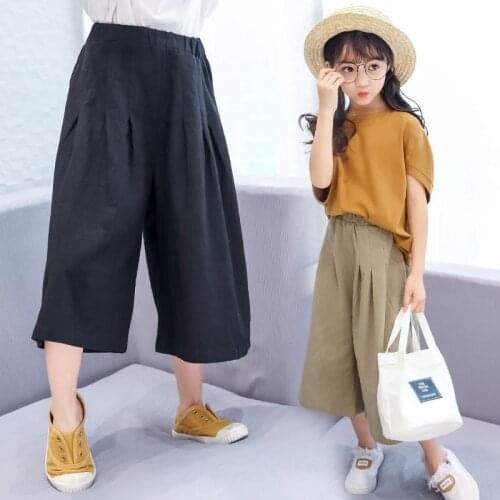 Retro Sweet Girls Wide-Leg Pants 2021 Summer Childrens Fashion Loose Thin Cotton and Linen Breathable Wide-Leg Cropped Pants