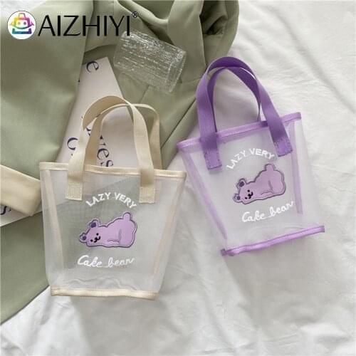 Fashion Women Transparent Cartoon Tote Bag Mesh Patchwork Small Handbag Package Single Large Capacity Women Bags