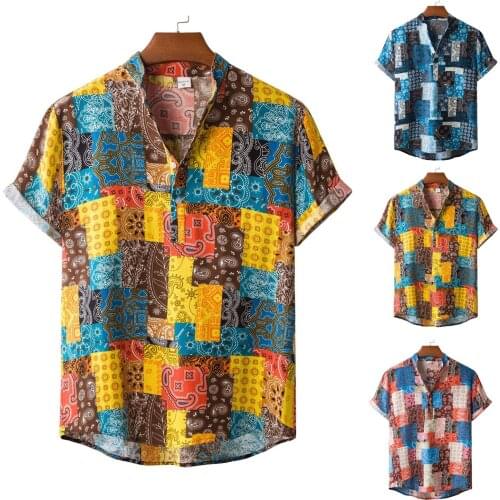 2021 Hot Mens Summer Fashion T-shirt Stand Collar Print Cotton-linen Short Sleevetop Blouse Comfy High Quality Beach T-shirts