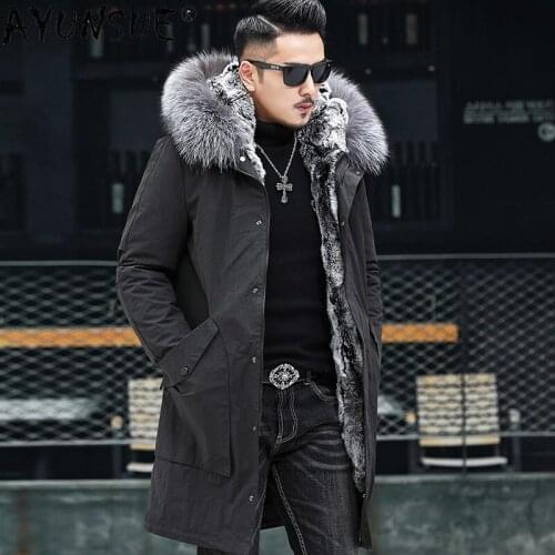 AYUNSUE Mens Clothing Winter Men Jacket 5XL Real Rex Rabbit Fur Clothes 100% Big Fox Fur Collar Parkas Ropa De Hombre LXR427