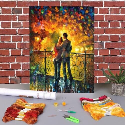Oil Painting Style Last Date Printed Water-Soluble Canvas 11CT Cross-Stitch Embroidery Set DMC Threads Knitting Gift