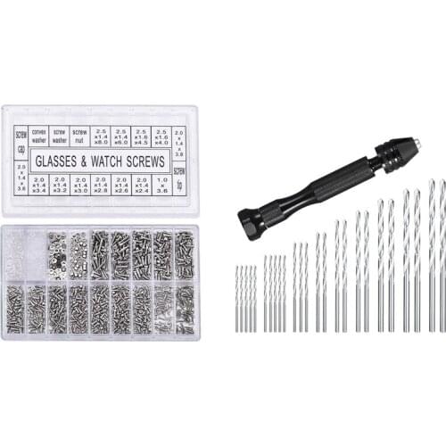 1000Pcs Stainless Steel Eyeglasses Watch Repair Screw Replacement Kit with Hand Drill Set Precision Pin Vise