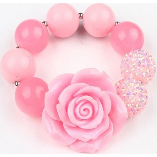 New Arrival Girls Lovely Pink Resin Flower Chunky Beads Strand Stretch Bracelets Bangle Kids Bubblegum Bracelet Dress UP Jewelry