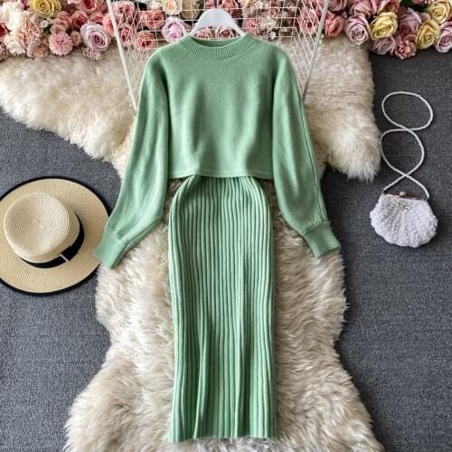 Autumn and winter fashion temperament half high neck loose bat sleeve sweater blouse two-piece sling V-neck bag hip dress