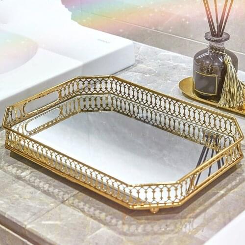 Tray for Food Vintage European Mirror Glass Metal Storage Tray Gold Rectangle Fruit Plate Desktop Small Items Jewelry