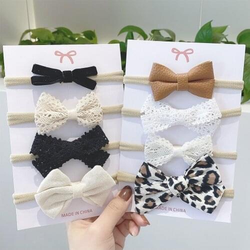 4Pcs/set Cute Cotton Linen Leopard Printed Bowknot solid Headband For Girl Ribbon Headwear Toddlers Band Infant Hair Accessories