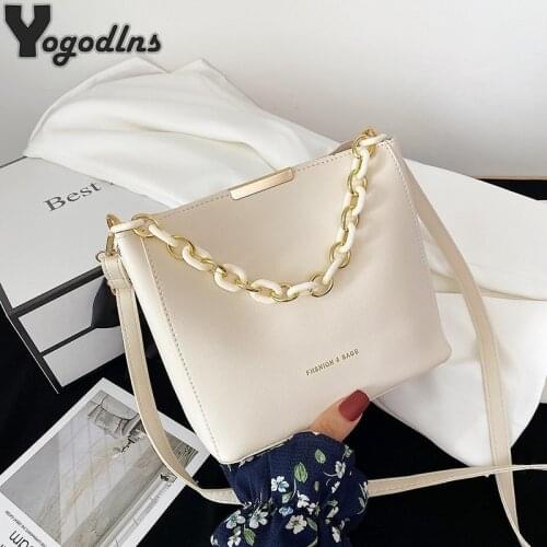 Women Bag Fashion PU Leather Shoulder Handbags Solid Color Chain Design Bucket Tote Female Casual Large Capacity Crossbody Bags