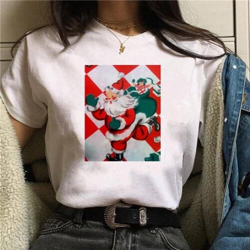 FIXSYS New Year Happy Fashion Women Tee Shirts Cartoon Print Merry Christmas Womens T-Shirt Tee Tees Graphic Female T Shirt