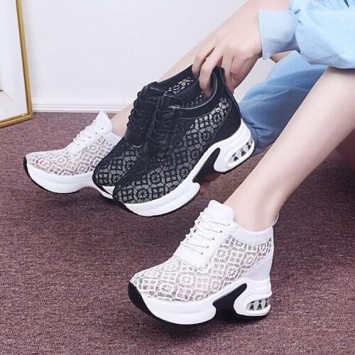 Women White Chunky Sneakers Mesh Thick Bottom Platform Shoes 2021 Summer Ladies Lace Floral Hollow Out Air Cushion Wedge Shoes