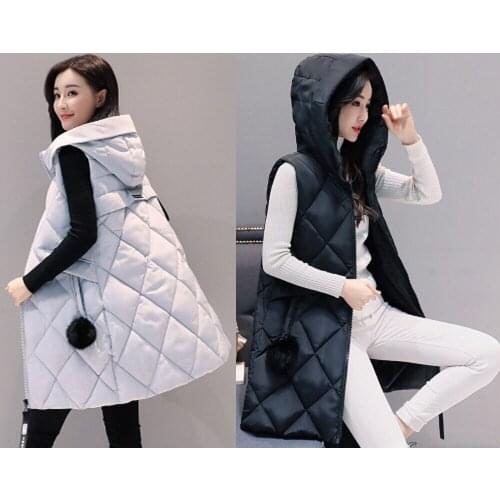 Women Winter Down Vest Jacket Padded Coat Ladies Slim Long Hooded Parka Outwear