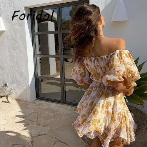 Long Sleeve Floral Print Beach Style Dress Women Off The Shoulder Bohemian Summer Sundress Cute Yellow Mini Dresses Female