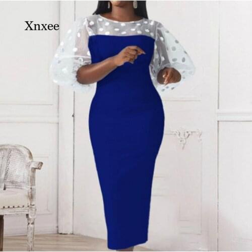 Women Mesh Pencil Dress Sexy Dot Print Patchwork Bodycon Hollow Party Event Elegant Robe Lady African Autumn Fashion Vestidos