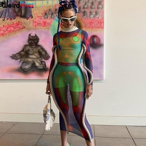 Weird Puss Mesh Sexy Aesthetic Print Dresses Women Striped Design Fashion Long Sleeve Bodycon Party Vacation Clubwear Vestidos