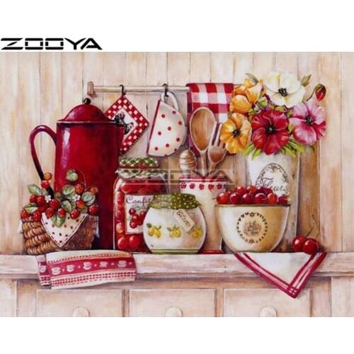 ZOOYA Diamond Embroidery Round Diamond Painting Wall Sticker Pictures Of Rhinestone Cross-Stitch Flower Fruit Tea Set Kits R1637