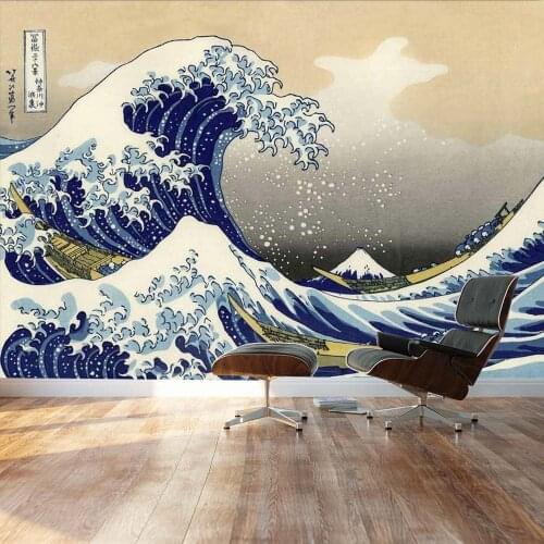 Custom 3D Photo Wallpaper Sea Wave Draw Painting Art Wall Mural, Removable Decor Self-adhesive PVC Wall Stickers