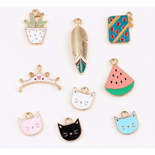 50pcs/lot alloy drop oil gold color cartoon animals cats/leaves/watermelon/crown shape floating locket charms diy jewelry making
