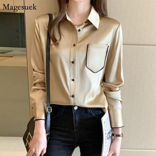 Satin Silk Solid Office Shirt Women Korean Long Sleeve Loose Blouses Women Turn-down Collar Clothes Spring New Female Tops 12804