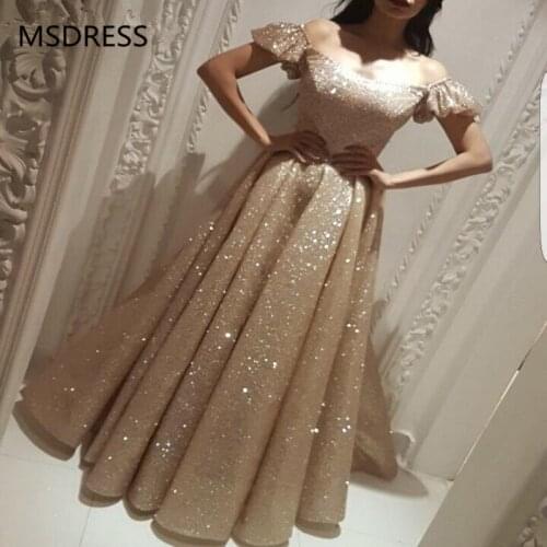 Sparkle Sequined Gold Muslim Evening Dress 2019 A-line Cap Sleeves Islamic Dubai Saudi Arabic Long Formal Evening Gown