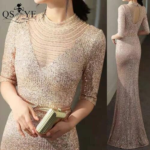 QSYYE Sparkle Gold Evening Dress Mermaid Sequin Evening Gown Fitted Glitter Halter Neck Beadings Formal Party Gown Sleeveless