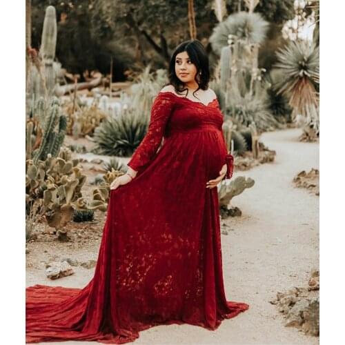 Burgundy Lace Maternity Dress Long Sleeves Maternity Gown for Photoshoot Boudoir Lingerie Robe Bathrobe Nightwear Babydoll Robe