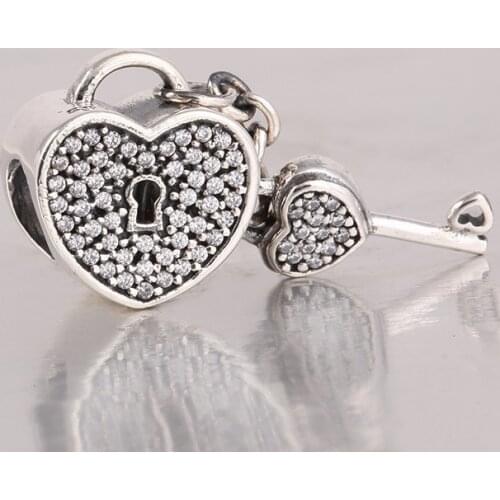 Valentines Day Lock Of Love Heart Charm Beads Fits Pandora Bracelets Authentic 925 Sterling Silver Pave Clear CZ Heart Bead