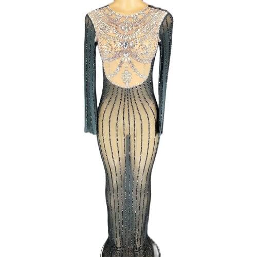 Black Mesh Gauze Perspective Dress Long Sleeve Floor-Length Dresses Rhinestones Crystal Ladies Nightclub Performance Dance Wear