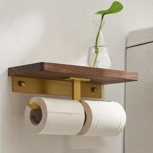 Wooden Paper Towel Rack Solid Toilet Tissue Paper Storage Holder Punch-free Bath Toilet Roll Paper Rack High Quality Brass
