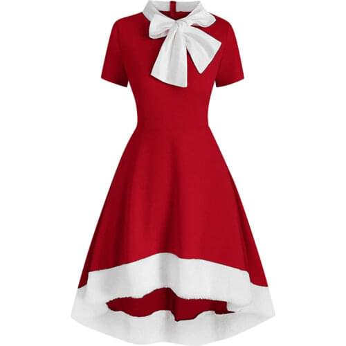 Bow Tie Neck Green Red Elegant Dresses 2020 Female High Low Hem Short Sleeve A Line Office Wear Party Plus Size Women Dress 3XL
