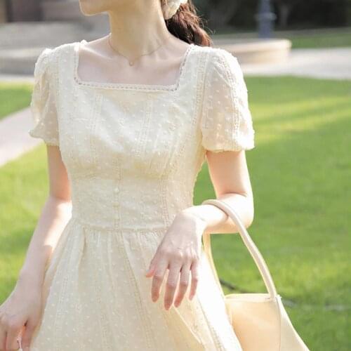 Elegant Casual Womens Dresses Party Korean Style Short Sleeve Vintage Midi Dress Females Design 2021 Summer Square Collar Solid
