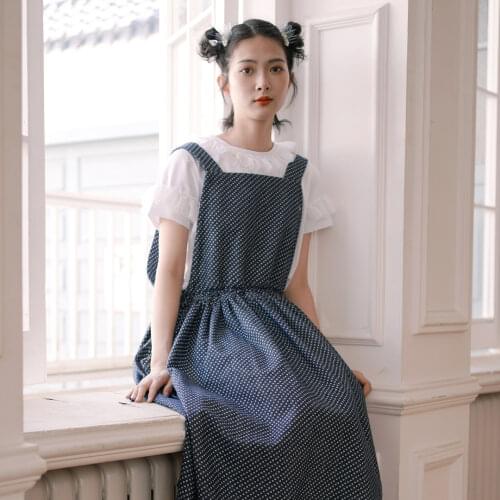 Imakokon dark blue floral cotton dress original design Japanese cute loose mid-length female summer