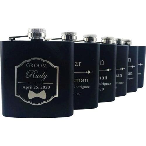 6pcs Personalized Engraved 6oz black stainless steel hip flask Wedding Favors Best Man gift Groom gift