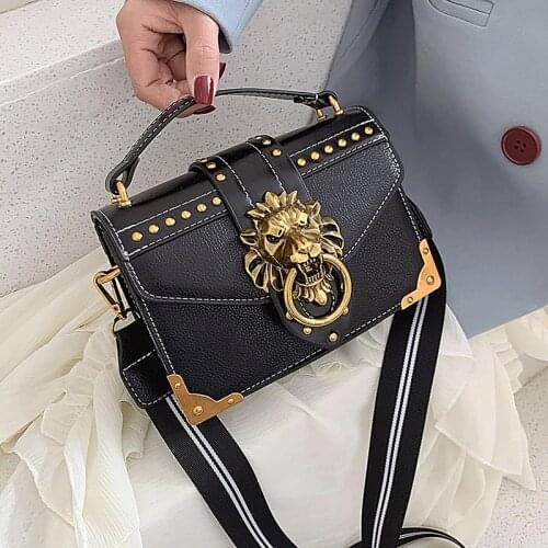 Small Shoulder Flap Bag With Metal Lion Head Women Crossbody Bags Wide Strap Fashion Pu Leather Handbag Luxury Designer