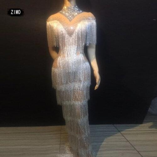 Fashion Glisten Rhinestones Tassel Perspective Dress womans Singer Bar Birthday Celebrate Costume Mesh Long Dresses freeshipping
