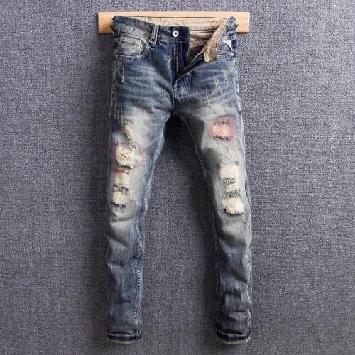 Fashion Streetwear Men Jeans Vintage Retro Slim Fit Ripped Jeans For Men Embroidery Patchwork Designer Hip Hop Denim Punk Pants