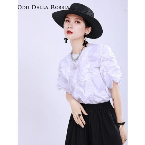 OddDellaRobbia 2021 Summer New Womens Pure Color Personality Design Petal Sleeve Folding Round Neck Short Sleeve Shirt Top 1414