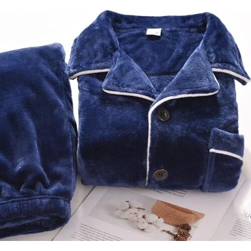 2020 Winter Coral Fleece Pajamas Men 2 Pieces Lounge Sleepwear for Man Pijamas Home Lounge Clothes Blue Warm Thicken Pyjamas